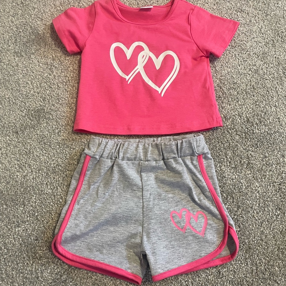 Pink Heart Tee and Gray Shorts Set